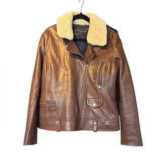 Wilsons Leather Women's Brown Leather Biker Moto Jacket Shearling Collar Size XL